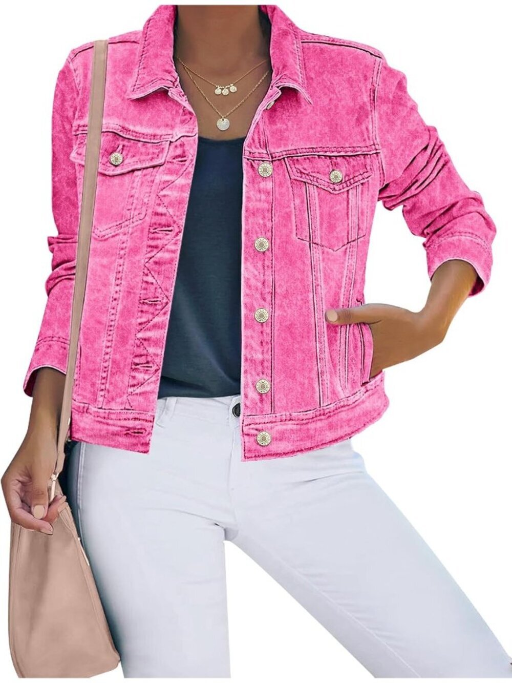Women's Aurora Pink Button Down Stretch Fitted Long Sleeves Denim Jean Jacket